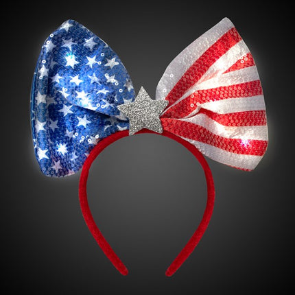 LED Flashing USA Flag Star Sequin Bow Headband