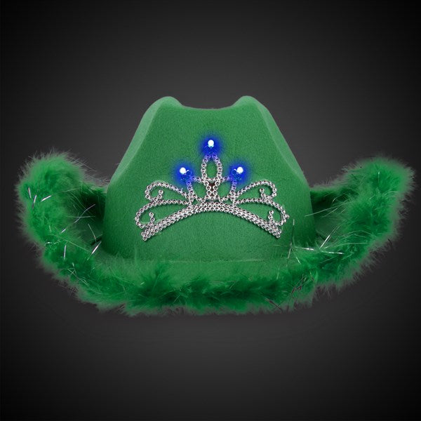 LED Green Feather Cowboy Hat With Tiara