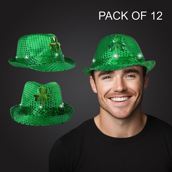 LED Green Shamrock Sequin Fedora Hats - Pack of 12 Hats