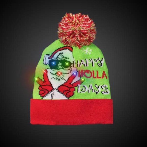Light Up Happy Holla Days Knit Pom Pom Beanie Hat