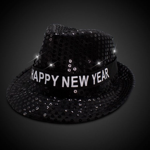LED Happy New Year Black Sequins Fedora Hat
