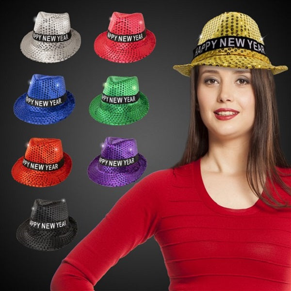 LED Happy New Year Sequin Fedoras - Assorted Pack of 12 Hats