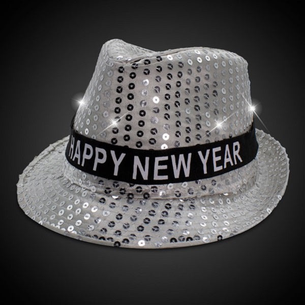 LED Happy New Year Silver Sequins Fedora Hat