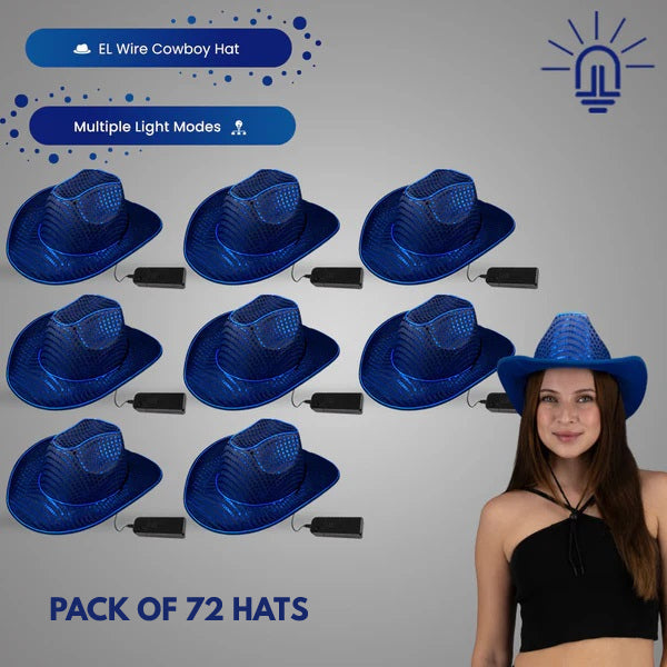 LED Light Up Blue EL Wire Sequin Cowboy Hat - Pack of 72 Hats