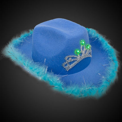 LED Light Up Blue Feather Cowboy Hat With Tiara