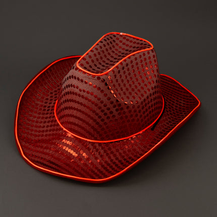 LED Light Up EL Wire Glow Red Sequin Cowboy Hat