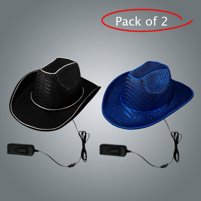 LED Light Up EL Wire Sequin Black & Blue Cowboy Hat - Pack of 2 Hats
