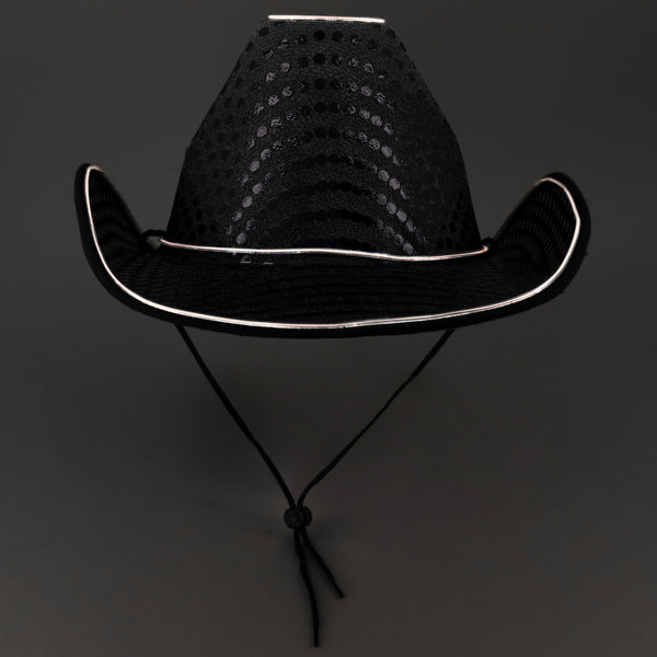 LED Light Up EL Wire Sequin Black Cowboy Hat