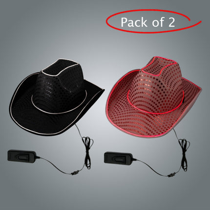 LED Light Up EL Wire Sequin Black & Pink Cowboy Hat - Pack of 2 Hats