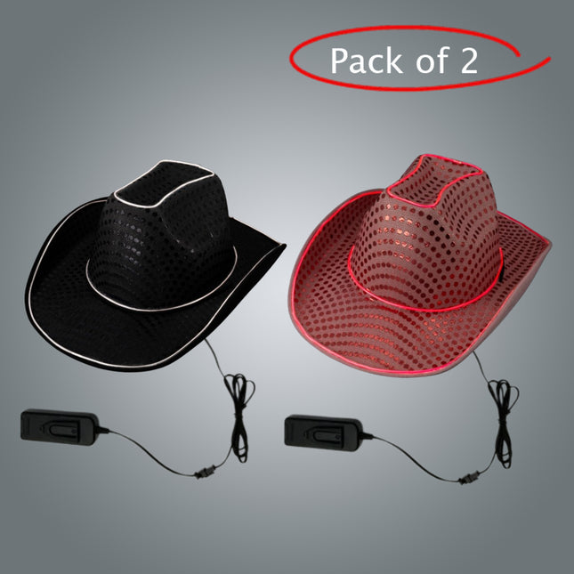 LED Light Up EL Wire Sequin Black & Pink Cowboy Hat - Pack of 2 Hats