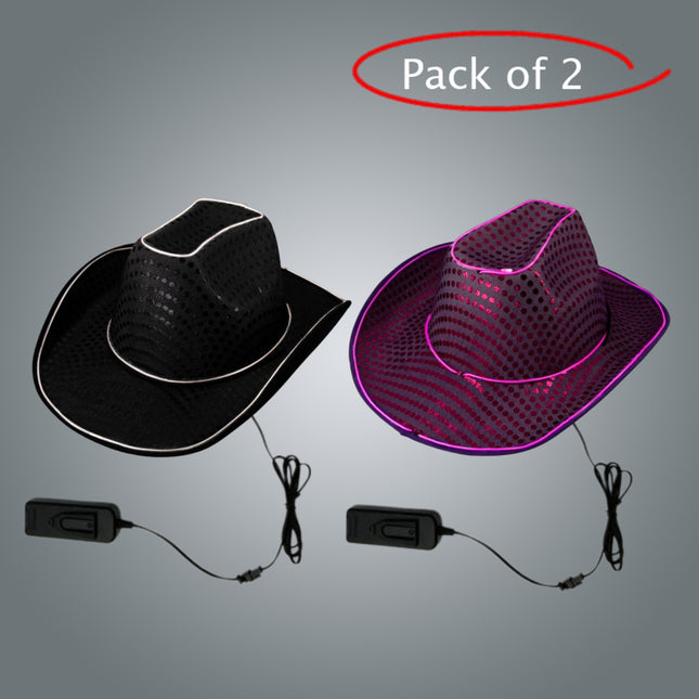 LED Light Up EL Wire Sequin Black & Purple Cowboy Hat - Pack of 2 Hats