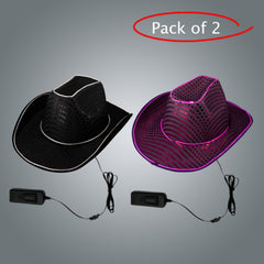LED Light Up Flashing EL Wire Sequin Black & Purple Cowboy Party Hat - Pack of 2 Hats