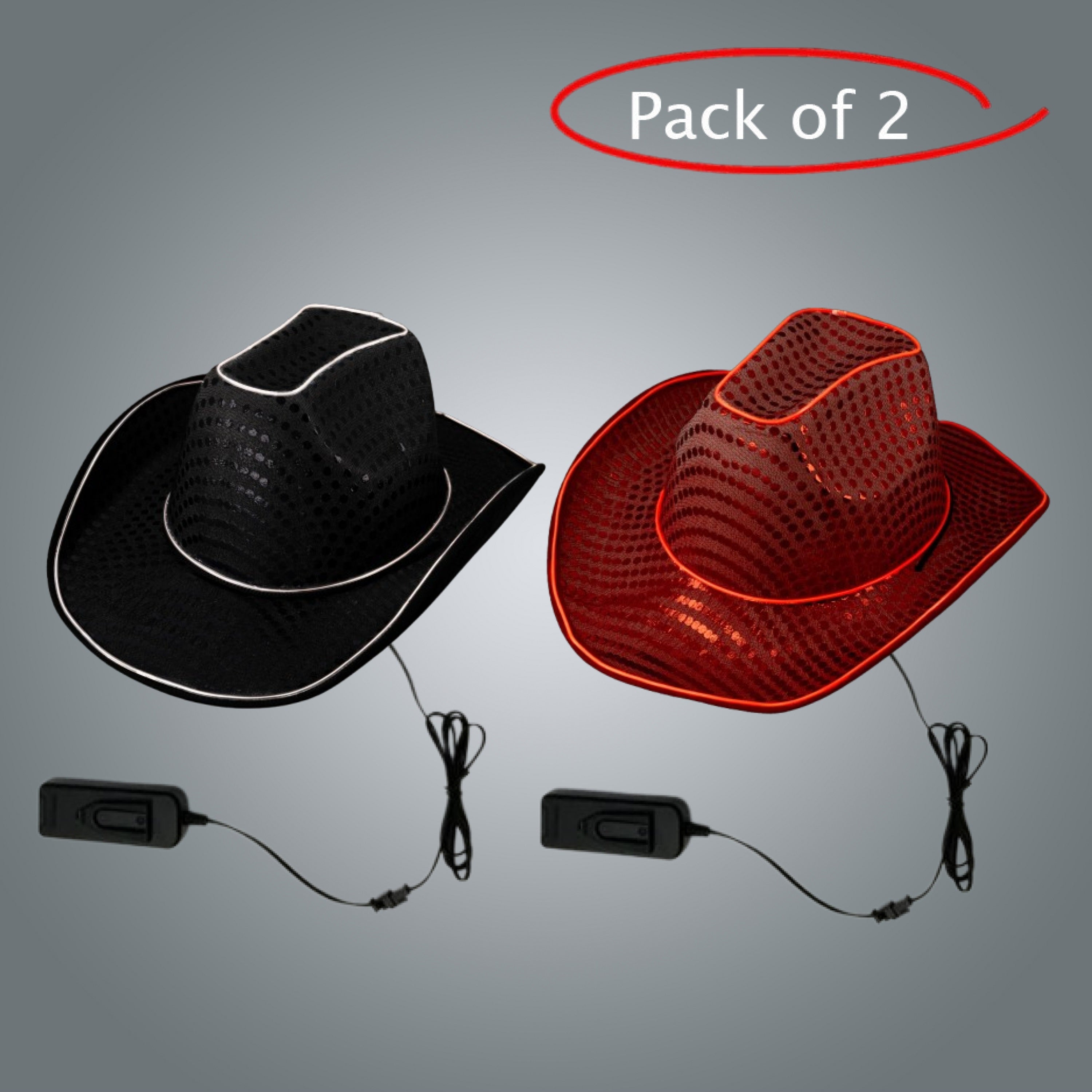LED Light Up Flashing EL Wire Sequin Black & Red Cowboy Party Hat - Pack of 2 Hats