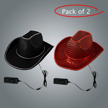 LED Light Up EL Wire Sequin Black & Red Cowboy Hat - Pack of 2 Hats