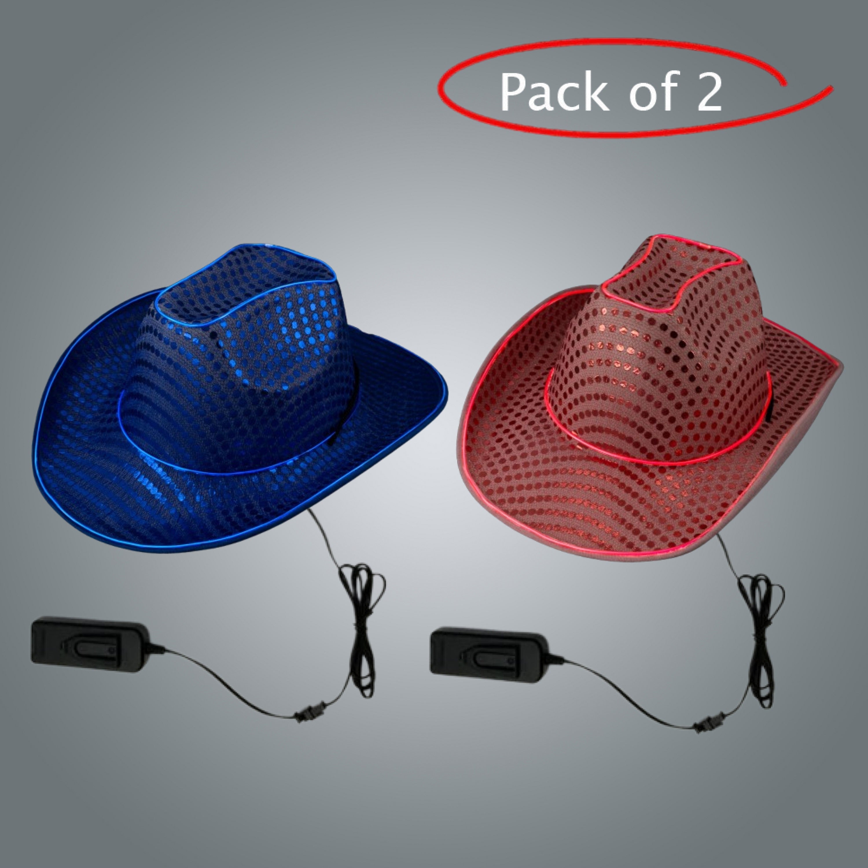 LED Light Up Flashing EL Wire Sequin Blue & Pink Cowboy Party Hat - Pack of 2 Hats