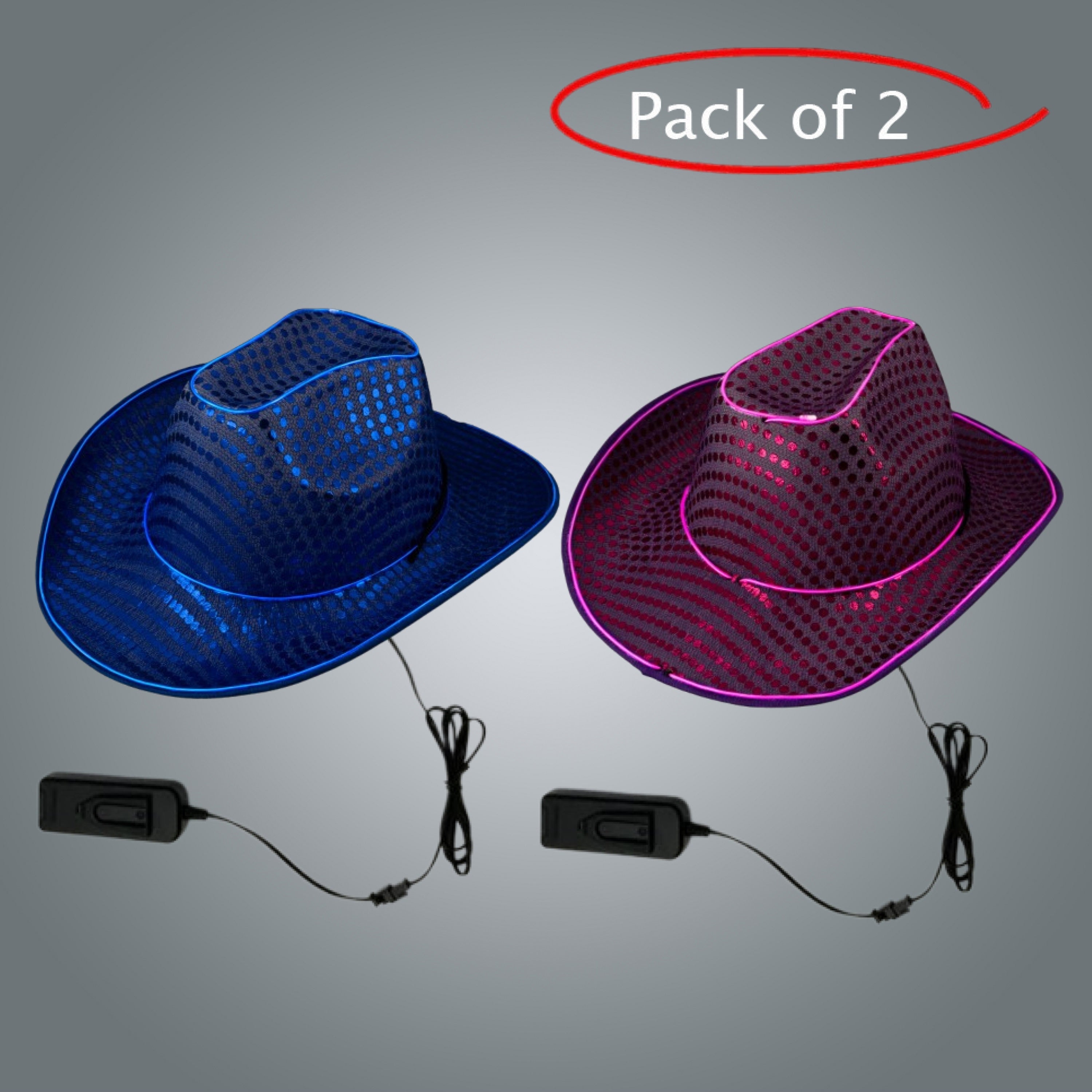 LED Light Up Flashing EL Wire Sequin Blue & Purple Cowboy Party Hat - Pack of 2 Hats