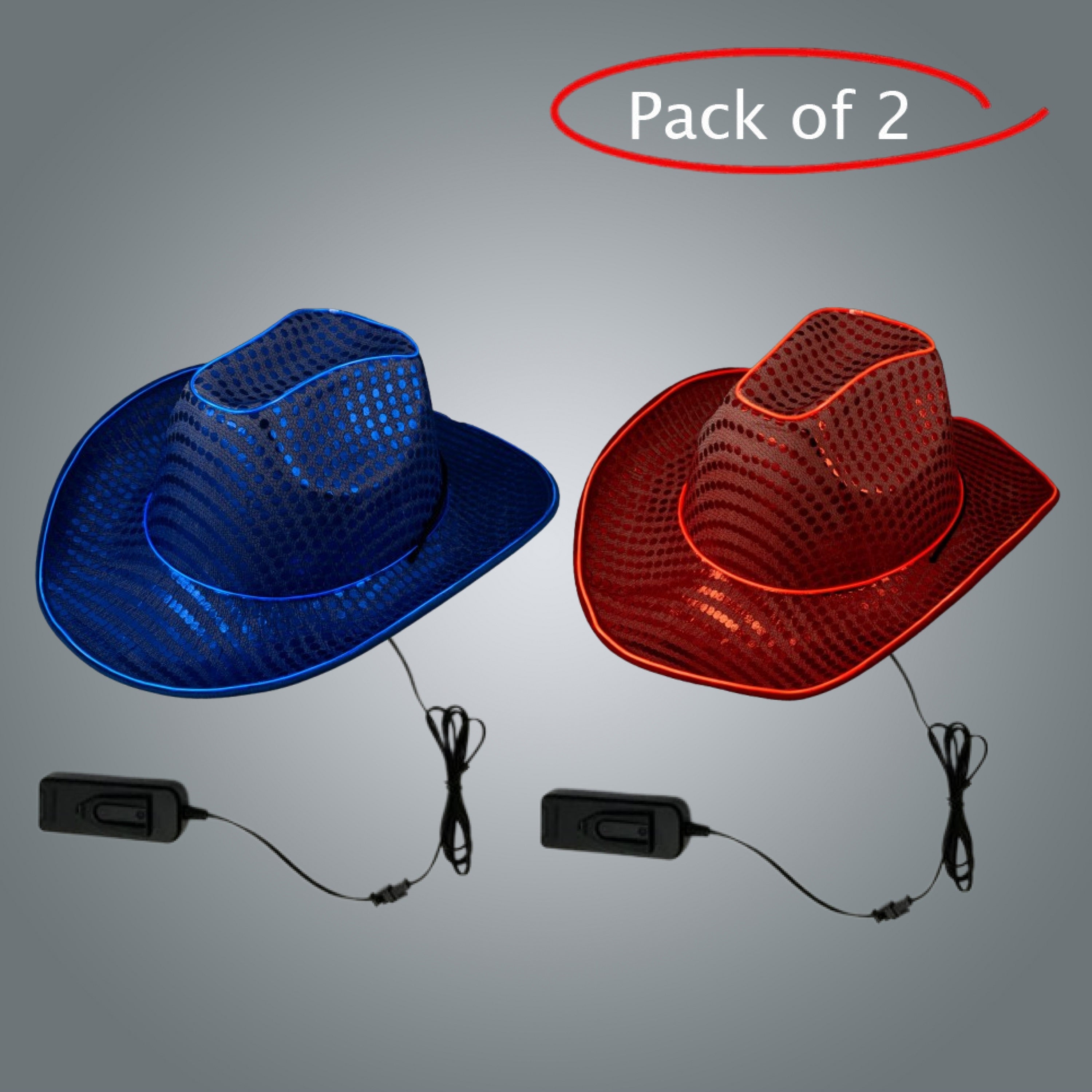 LED Light Up Flashing EL Wire Sequin Blue & Red Cowboy Party Hat - Pack of 2 Hats