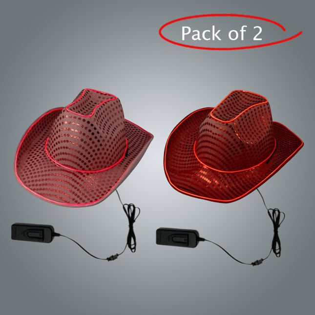 LED Light Up EL Wire Sequin Pink & Red Cowboy Hat - Pack of 2 Hats