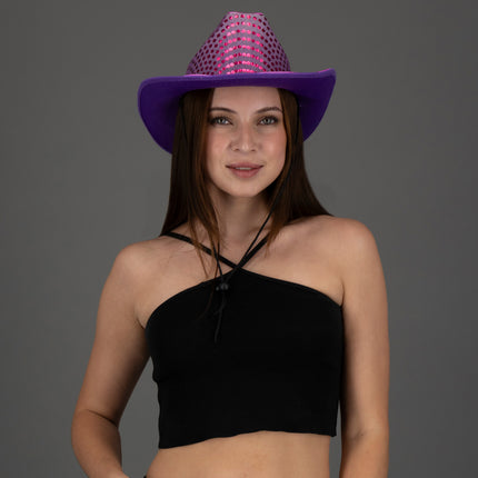 LED Light Up EL Wire Sequin Purple Cowboy Hat