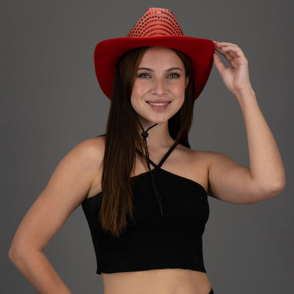 LED Light Up EL Wire Sequin Red Cowboy Hat