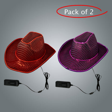 LED Light Up EL Wire Sequin Red & Purple Cowboy Hat - Pack of 2 Hats
