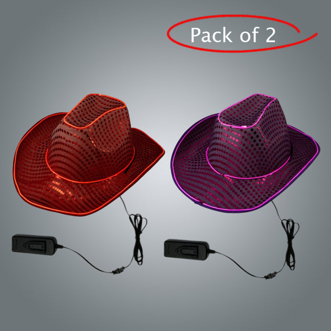 LED Light Up EL Wire Sequin Red & Purple Cowboy Hat - Pack of 2 Hats