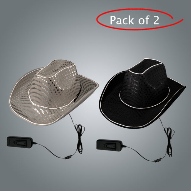 LED Light Up EL Wire Sequin White & Black Cowboy Hat - Pack of 2 Hats