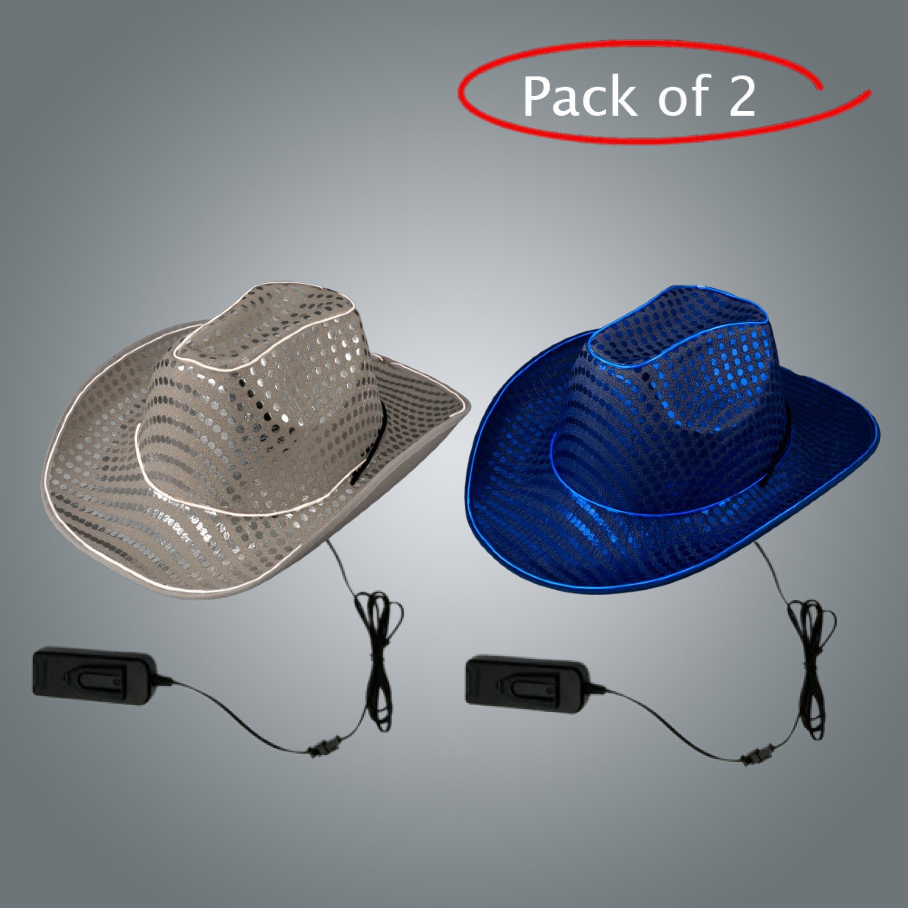 LED Light Up Flashing EL Wire Sequin White & Blue Cowboy Party Hat - Pack of 2 Hats