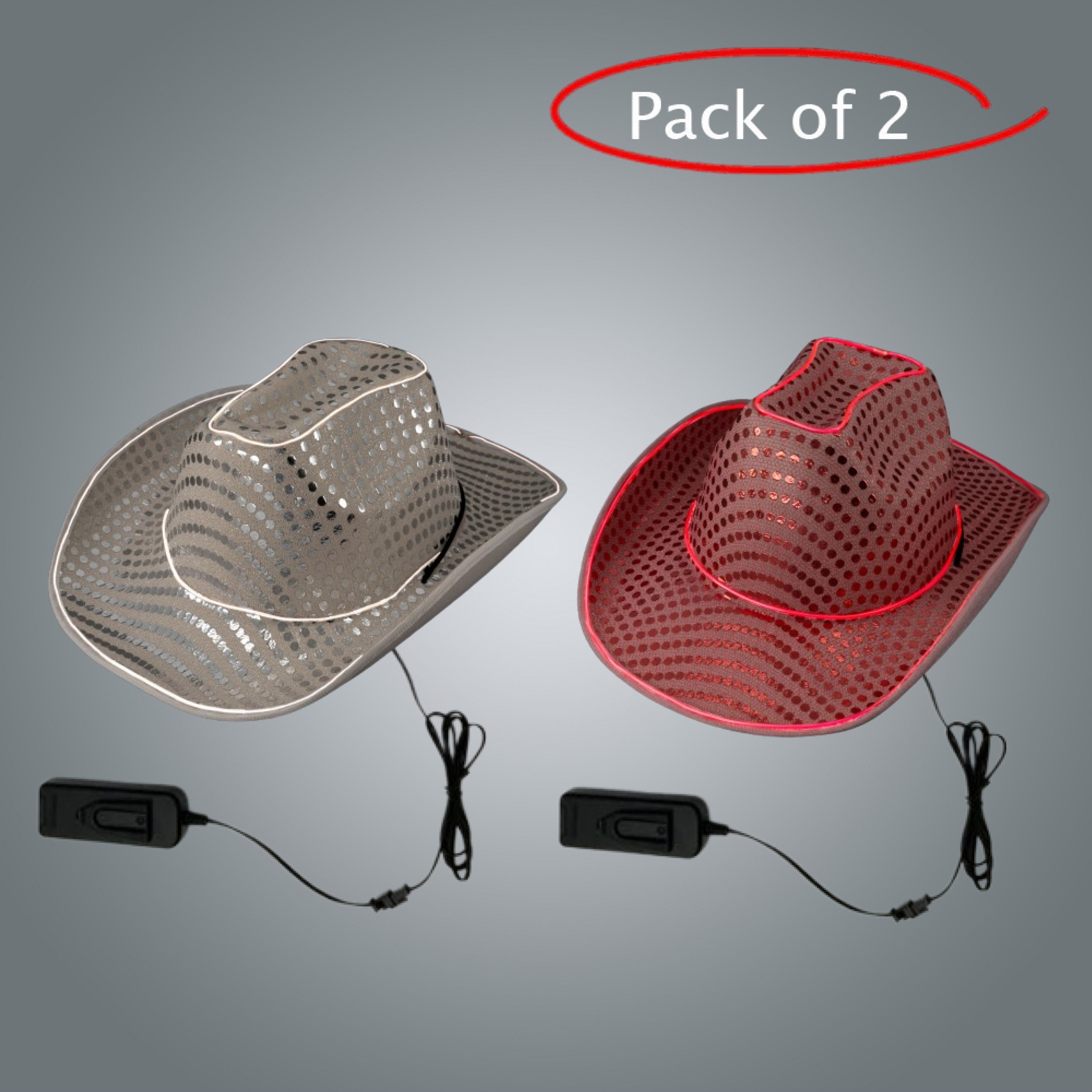 LED Light Up Flashing EL Wire Sequin White & Pink Cowboy Party Hat - Pack of 2 Hats