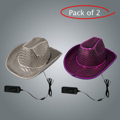 LED Light Up Flashing EL Wire Sequin White & Purple Cowboy Party Hat - Pack of 2 Hats