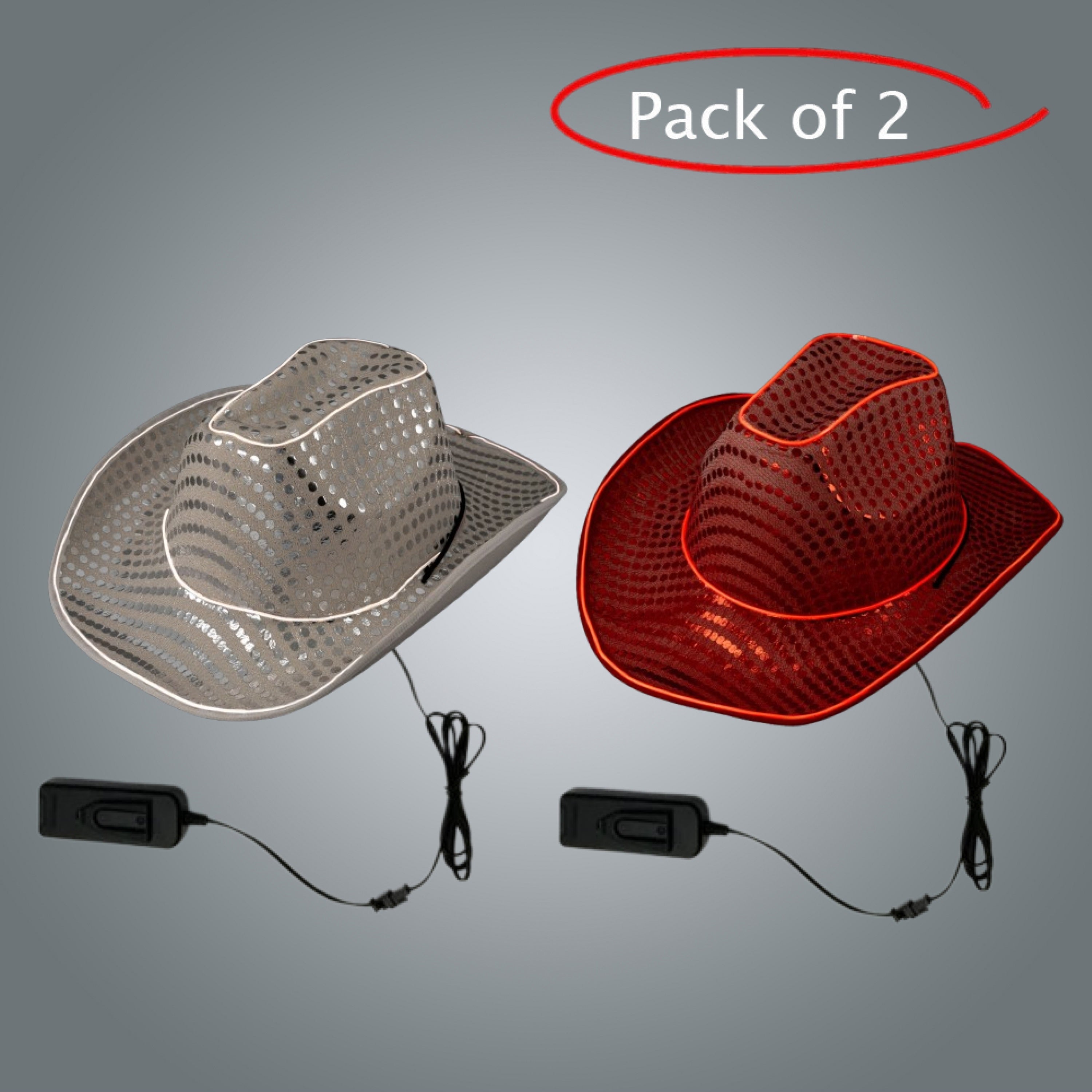 LED Light Up Flashing EL Wire Sequin White & Red Cowboy Party Hat - Pack of 2 Hats