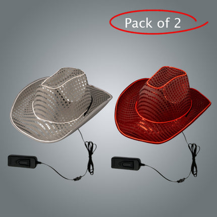 LED Light Up EL Wire Sequin White & Red Cowboy Hat - Pack of 2 Hats