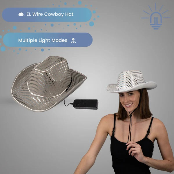 LED Light Up EL Wire White Sequin Cowboy Hat