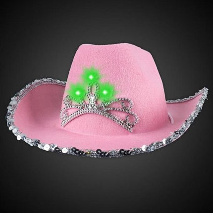 LED Light Up Felt Pink Cowboy Hat With Tiara