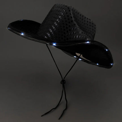LED Light Up Flashing Black Sequin Cowboy Hat