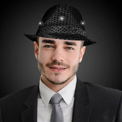 LED Light Up Flashing Black Sequin Fedora Hat