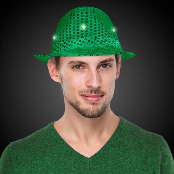 LED Light Up Flashing Dark Green Sequin Fedora Hat