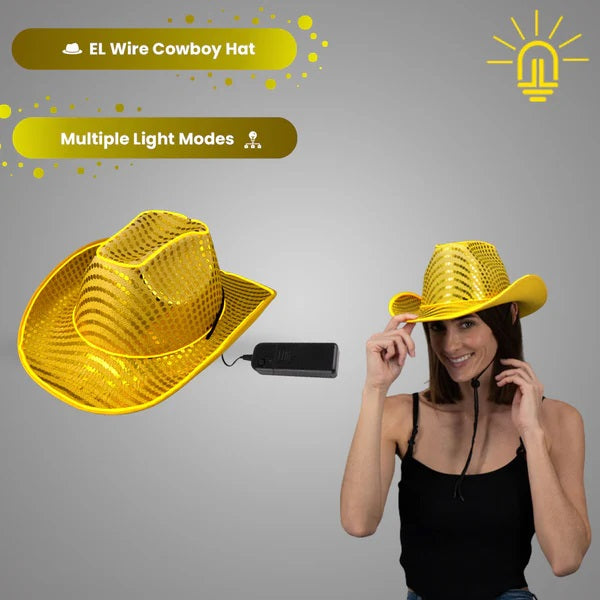 LED Light Up Flashing EL Wire Gold Sequin Cowboy Hat