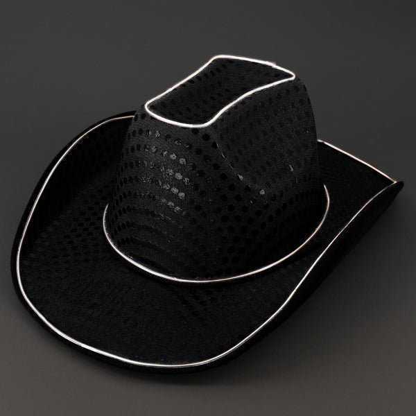LED Light Up Flashing EL Wire Glow Sequin Black Cowboy Hat