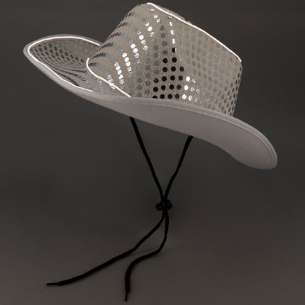 LED Light Up Flashing EL Wire Glow Sequin White Cowboy Hat