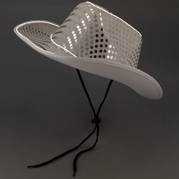 Light Up Flashing EL Wire Glow White Sequin Cowboy Hat