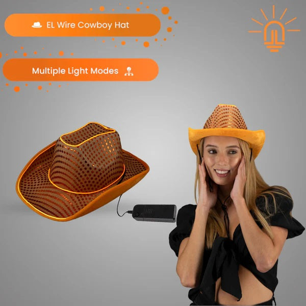 LED Light Up Flashing EL Wire Glow  Orange Sequin Cowboy Hat