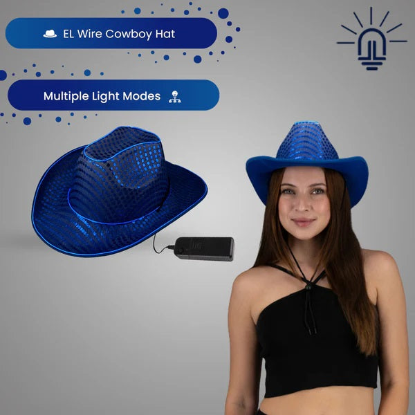 LED Light Up Flashing EL Wire Sequin Blue Cowboy Hat