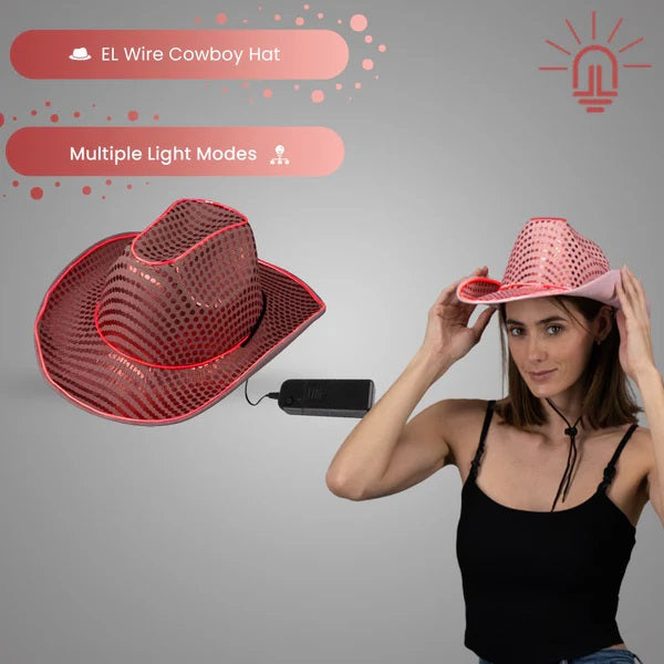 LED Light Up Flashing EL Wire Sequin Pink Cowboy Hat