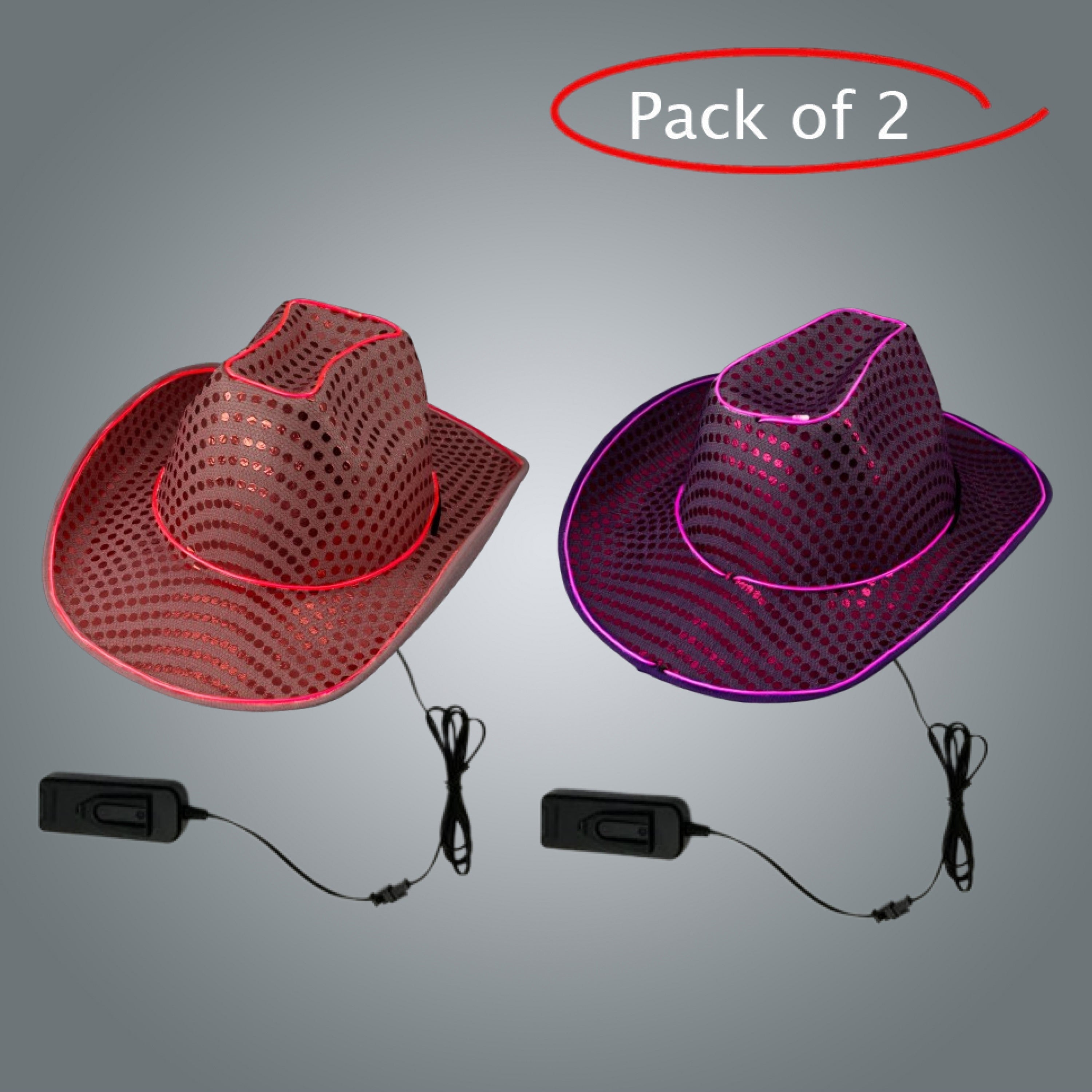 LED Light Up Flashing EL Wire Sequin Pink & Purple Cowboy Party Hat - Pack of 2 Hats