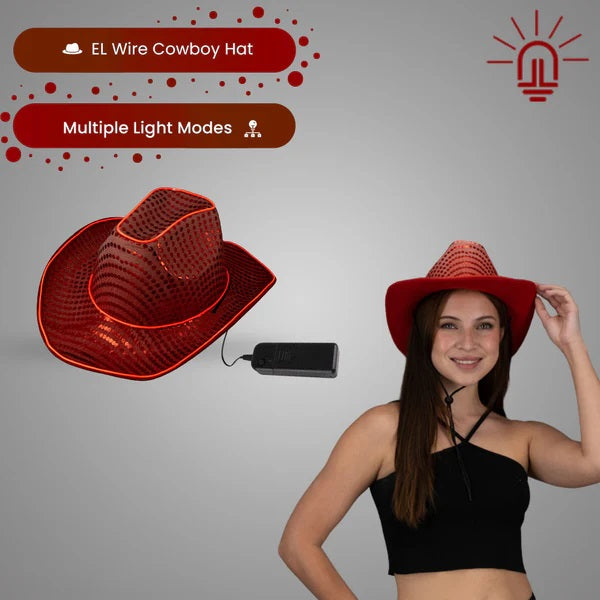 LED Light Up Flashing EL Wire Sequin Red Cowboy Hat