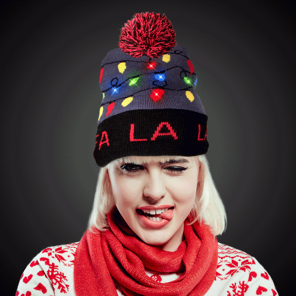 LED Light Up Flashing Fa La La Knit Beanie