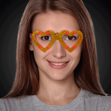 LED Light Up Flashing Gold Heart Glitter Glasses