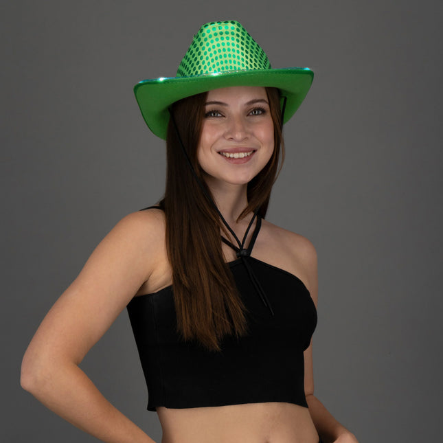 LED Light Up Flashing Green Sequin Cowboy Hat