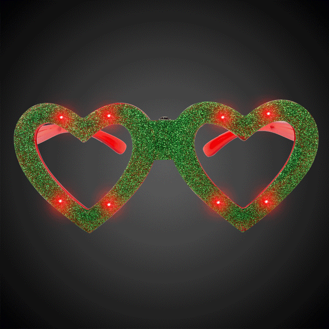 LED Light Up Flashing Green Heart Glitter Glasses